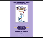 A purple flyer for the play "Crumpled Classics." The central illustration shows a cartoon student wearing a colorful jester-like outfit, balancing a sword, a book, and flying papers. Performance details for April and May 2026 are listed below.